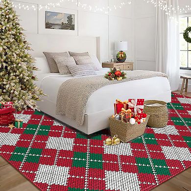 Christmas Diamond Print Rug Polyester Washable Foldable Mat for Holiday Decor