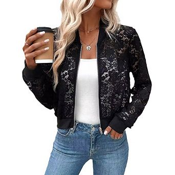 Women's Lace Bomber Jacket See Through Flora Long Sleeve Zipper Tops Outwear Coat
