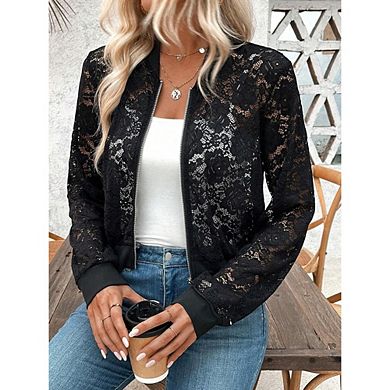 Women's Lace Bomber Jacket See Through Flora Long Sleeve Zipper Tops Outwear Coat