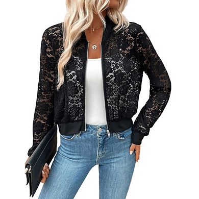 Women's Lace Bomber Jacket See Through Flora Long Sleeve Zipper Tops Outwear Coat