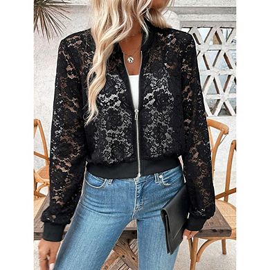 Women's Lace Bomber Jacket See Through Flora Long Sleeve Zipper Tops Outwear Coat