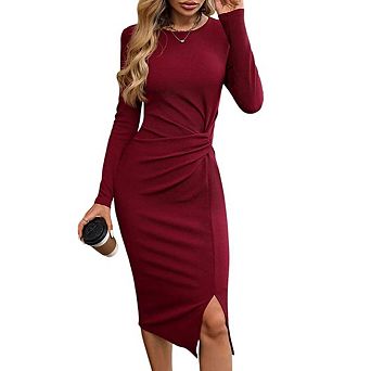 Women's Long Sleeve Midi Dress Casual V Neck Twist Waist Ribbed Knit Bodycon Cocktail Party Dresses