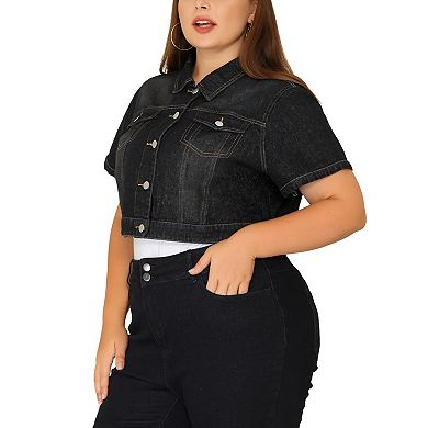 Women's Plus Size Denim Jacket Crop Fray Roll Short Sleeves Jean Jackets