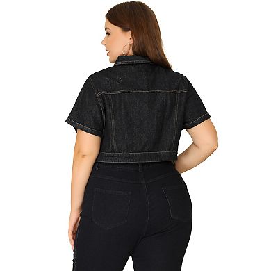 Women's Plus Size Denim Jacket Crop Fray Roll Short Sleeves Jean Jackets