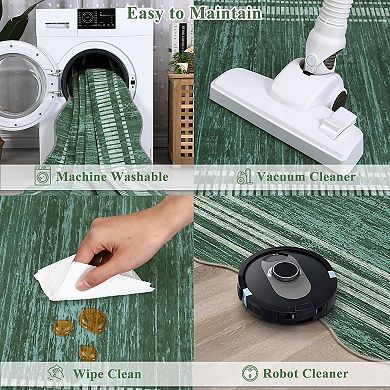 Modern Scalloped Runner Rug for Hallway & Kitchen, Low-Pile Washable Non-Slip Carpet