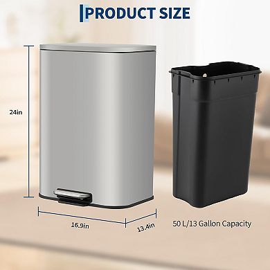 13.2 Gallon Stainless Steel Step-on Trash Can with Soft-Close Lid & Removable Inner Bucket