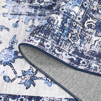 Vintage Washable Low-Pile Rugs, Non-Slip Rubber Backing for Living Room & Kitchen