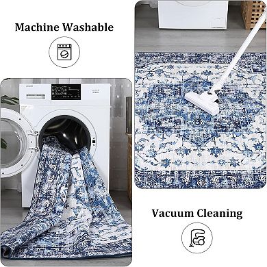 Vintage Washable Low-Pile Rugs, Non-Slip Rubber Backing for Living Room & Kitchen