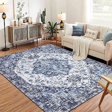 Vintage Washable Low-Pile Rugs, Non-Slip Rubber Backing for Living Room & Kitchen