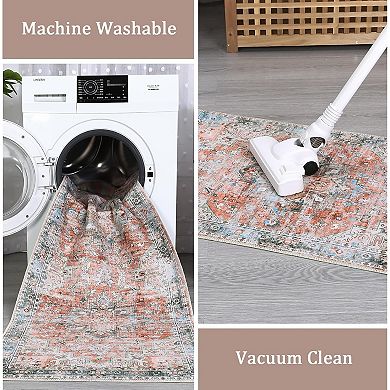 Boho Washable Runner Rug - Non-Slip Vintage Floral Hallway & Kitchen