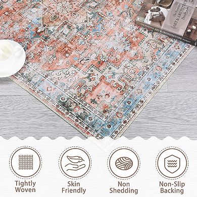 Boho Washable Runner Rug - Non-Slip Vintage Floral Hallway & Kitchen