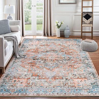 Boho Washable Runner Rug - Non-Slip Vintage Floral Hallway & Kitchen