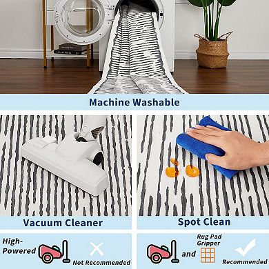 Modern Stripe Runner Rug - Machine Washable, Non-Slip Low Pile Hallway & Bathroom Carpet
