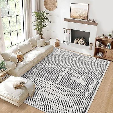 Modern Stripe Runner Rug - Machine Washable, Non-Slip Low Pile Hallway & Bathroom Carpet