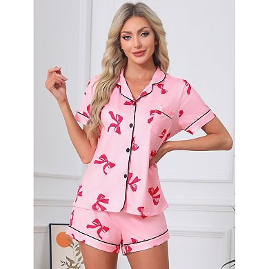 Women's Pajama Sets Short Sleeves Cute Print Soft Comfy Button Up Tops and Shorts 2 Pcs
