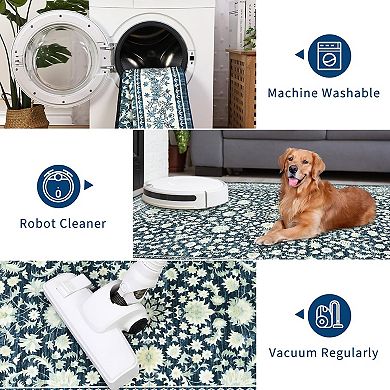 Vintage Washable Runner Rug, Non-Slip Low-Pile Carpet for Hallway, Kitchen, Laundry & Bathroom