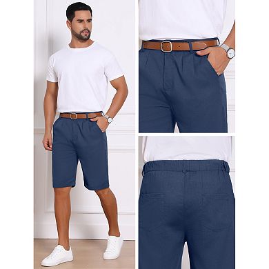 Men's Linen Pleated Short Pants with Pockets Above Knee Casual Shorts