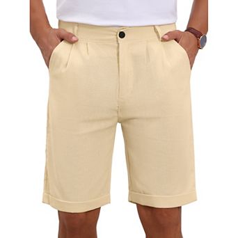Men's Linen Pleated Short Pants with Pockets Above Knee Casual Shorts