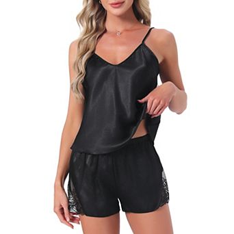 Women's Satin Pajamas Silky Soft V-Neck Lace Trim Lingerie Camisole Tops with Shorts Loungewear Set