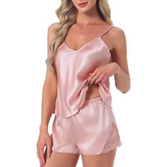 Women's Satin Pajamas Silky Soft V-Neck Lace Trim Lingerie Camisole Tops with Shorts Loungewear Set