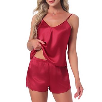 Women's Satin Pajamas Silky Soft V-Neck Lace Trim Lingerie Camisole Tops with Shorts Loungewear Set