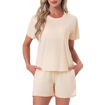 Women's Pajama Set Short Sleeve Top with Built-in Bra and Shorts Sleepwear Lounge Sets with Pockets