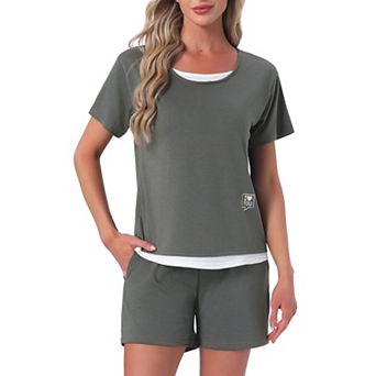 Women's Pajama Set Short Sleeve Top with Built-in Bra and Shorts Sleepwear Lounge Sets with Pockets