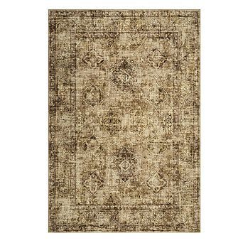 Vintage Oriental Print Washable Rug - Low-Pile, Non-Slip & Soft Distressed Carpet for Living Room