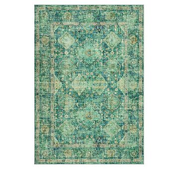 Vintage Oriental Print Washable Rug - Low-Pile, Non-Slip & Soft Distressed Carpet for Living Room