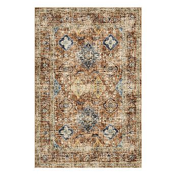 Vintage Oriental Print Washable Rug - Low-Pile, Non-Slip & Soft Distressed Carpet for Living Room