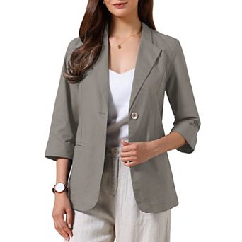 Casual Blazers for Women Summer 3/4 Sleeve Lightweight Cotton Linen Suit Jacket Blazer