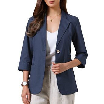 Casual Blazers for Women Summer 3/4 Sleeve Lightweight Cotton Linen Suit Jacket Blazer