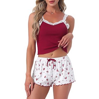 Women's Pajama Set Lace Tops Sleeveless Floral Shorts Ribbed Knit Soft Loungewear Sleepwear