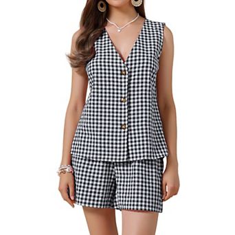 Gingham Vest Shorts Suit Set for Women's Two Piece Summer Casual Sleeveless Blazer Shorts Outfits