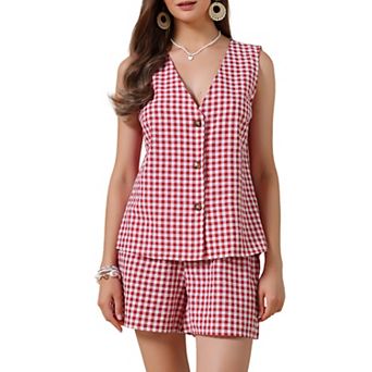Gingham Vest Shorts Suit Set for Women's Two Piece Summer Casual Sleeveless Blazer Shorts Outfits