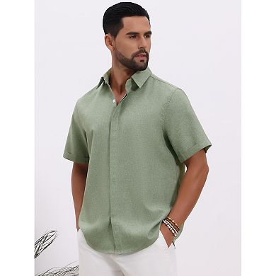 Men's Solid Dress Shirts Summer Short Sleeve Button Down Linen Shirt