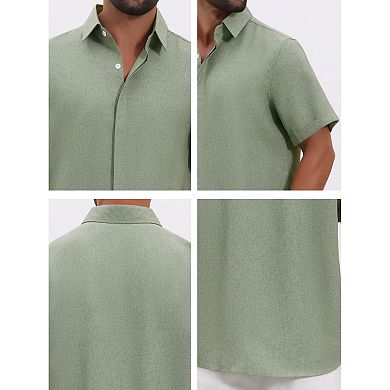 Men's Solid Dress Shirts Summer Short Sleeve Button Down Linen Shirt