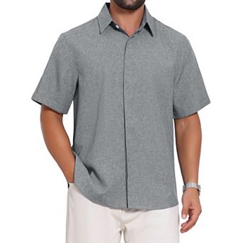 Men's Solid Dress Shirts Summer Short Sleeve Button Down Linen Shirt