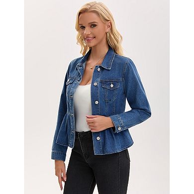 Women's Denim Jacket Button Down Collar Ruffle Hem with Pockets Peplum Jean Jackets
