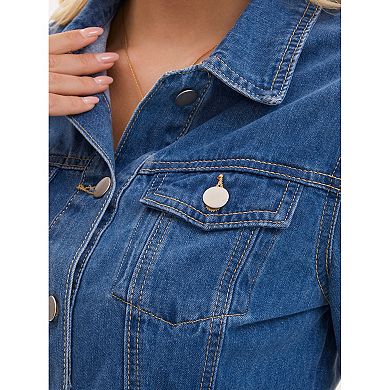 Women's Denim Jacket Button Down Collar Ruffle Hem with Pockets Peplum Jean Jackets