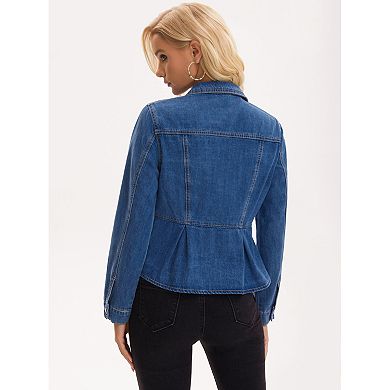 Women's Denim Jacket Button Down Collar Ruffle Hem with Pockets Peplum Jean Jackets