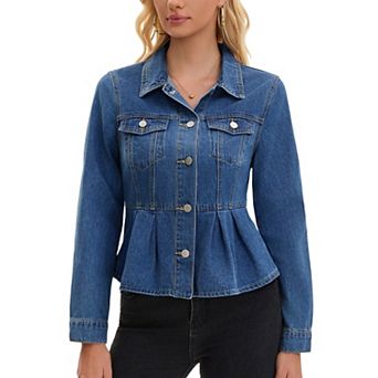 Women's Denim Jacket Button Down Collar Ruffle Hem with Pockets Peplum Jean Jackets