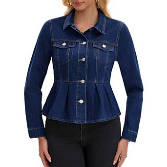 Women's Denim Jacket Button Down Collar Ruffle Hem with Pockets Peplum Jean Jackets