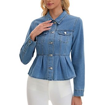 Women's Denim Jacket Button Down Collar Ruffle Hem with Pockets Peplum Jean Jackets
