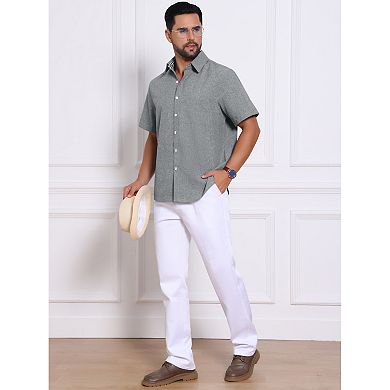 Men's Plain Linen Shirt Chest Pocket Short Sleeve Contrast Color Collar Shirts