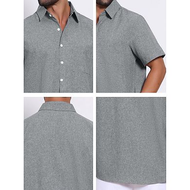 Men's Plain Linen Shirt Chest Pocket Short Sleeve Contrast Color Collar Shirts