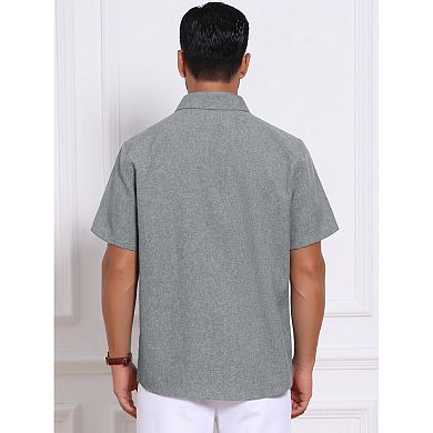 Men's Plain Linen Shirt Chest Pocket Short Sleeve Contrast Color Collar Shirts