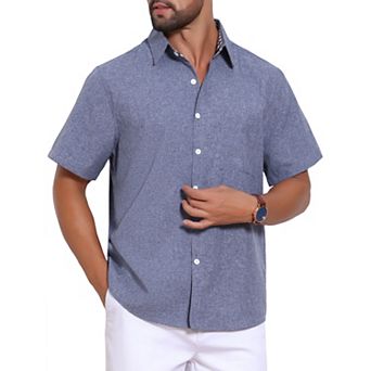 Men's Plain Linen Shirt Chest Pocket Short Sleeve Contrast Color Collar Shirts