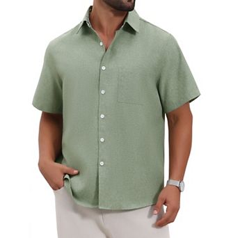 Men's Plain Linen Shirt Chest Pocket Short Sleeve Contrast Color Collar Shirts