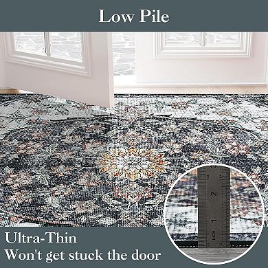 Washable Floral Rug, Non-Slip Low-Pile Carpet with Stain-Resistant Backing for Indoor Use
